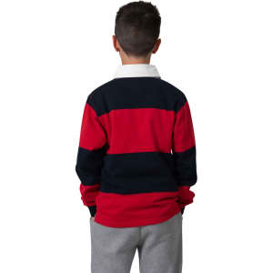 A rugby polo top in red and navy stripes, featuring a white collar, displayed on a child from the back.