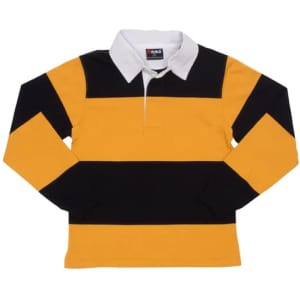 A black and yellow striped rugby polo top with a white collar, featuring a brand logo.