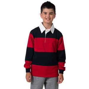 A kid's rugby polo top featuring red and navy stripes, with a white collar and long sleeves.