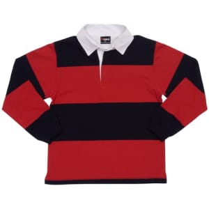 A red and navy striped rugby polo top with a white collar, featuring a logo on the chest.