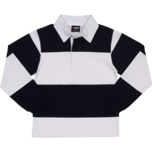 A kid's rugby polo top in black and white stripes with a collared neck and long sleeves. It features a logo.