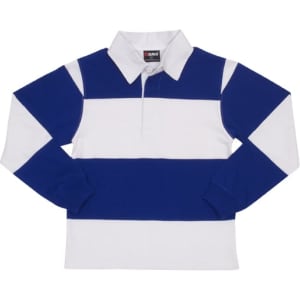 A rugby polo top featuring alternating blue and white stripes, with a collared neck and long sleeves.