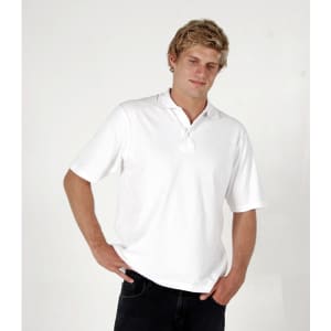 A man wearing a plain white, short-sleeve polo shirt. The shirt features a collar and a logo.