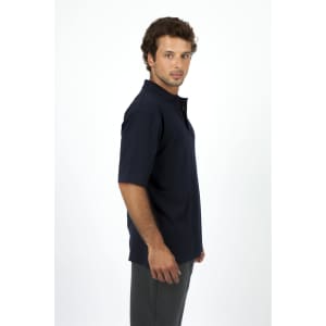 A men's 100% cotton jersey polo shirt in navy blue, featuring short sleeves and a collar, with a branding logo.