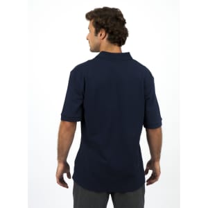 A men's navy 100% cotton jersey polo shirt with a collar and short sleeves, featuring a logo.