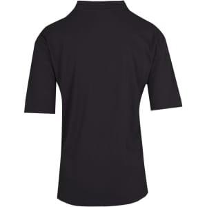 A black men's polo shirt made from 100% cotton jersey, featuring a collar and short sleeves.