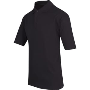 A black men's 100% cotton jersey polo shirt featuring a collared neckline and short sleeves.