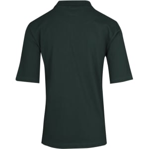 A green men's 100% cotton jersey polo shirt, featuring a classic design with a collar and short sleeves.