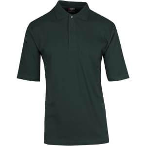 A dark green men's polo shirt made of 100% cotton jersey with a three-button placket and short sleeves.