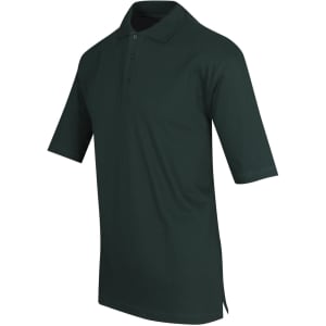 A dark green men's polo shirt made of 100% cotton, featuring a collar and short sleeves. It has a logo on the chest.