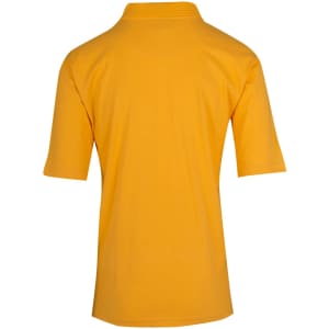 A mustard yellow men's 100% cotton jersey polo shirt with short sleeves and a collar, featuring a branding logo.