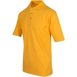 A men's polo shirt in vibrant yellow with short sleeves and a collar, featuring a button placket and a logo.