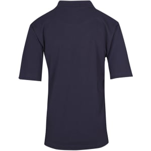 A navy blue men's 100% cotton jersey polo shirt featuring a collar and short sleeves. It has a logo on the back.