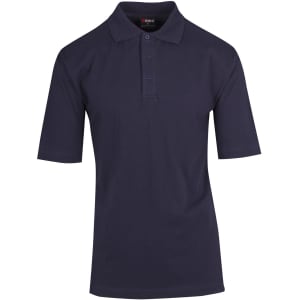 A navy blue men's polo shirt made from 100% cotton, featuring a classic collar and three buttons, with a logo.