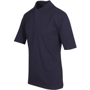 A dark navy blue men's polo shirt made from 100% cotton, featuring a collar and short sleeves. It has a logo.