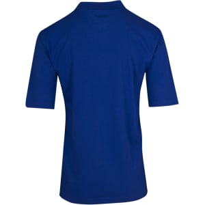 A blue men's 100% cotton jersey polo shirt featuring short sleeves and a collar, with a logo present.