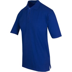 A blue men's 100% cotton jersey polo shirt displayed at an angle, featuring a collar and three buttons.