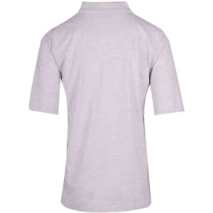 A grey men's 100% cotton jersey polo shirt with short sleeves and a collar, featuring a logo.