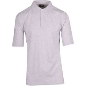 Light grey men's 100% cotton jersey polo shirt with a collar and short sleeves, featuring a logo.