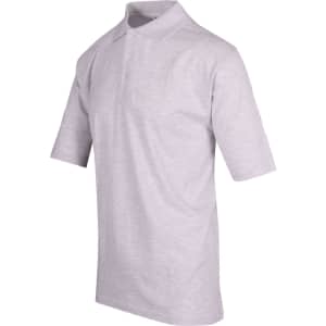 A light grey men's polo shirt made from 100% cotton jersey, featuring a collar and short sleeves.