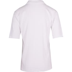 A white men's 100% cotton jersey polo shirt with short sleeves and a collar, featuring a branding logo.