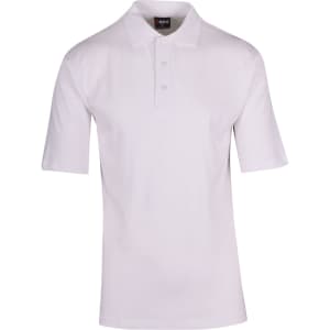 A white Men's 100% Cotton Jersey Polo shirt featuring a collar, short sleeves, and a logo on the chest.