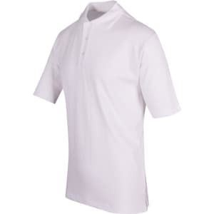 A white men's 100% cotton jersey polo shirt with a collar and short sleeves, featuring a logo.