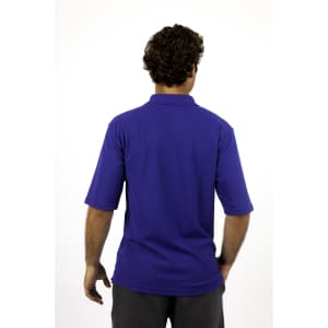 A man's regular polo shirt in purple, featuring short sleeves and a collar, with a logo on the chest.