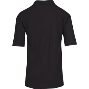 A black men's regular pique knit polo shirt with short sleeves and a collar, featuring a logo.