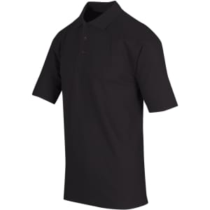 A black men's regular pique knit polo shirt with short sleeves and a collar, featuring a logo.