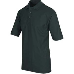 A dark green men's regular pique knit polo shirt with a classic collar and short sleeves, featuring buttons and a logo.