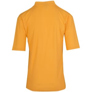 A yellow men's regular pique knit polo shirt featuring a collar and short sleeves. It has a branding logo.