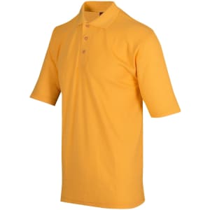 A men's regular pique knit polo shirt in bright yellow, featuring short sleeves and a classic collar.