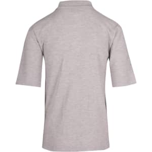 A grey men's regular pique knit polo shirt featuring a collar and short sleeves, with a logo on the back.