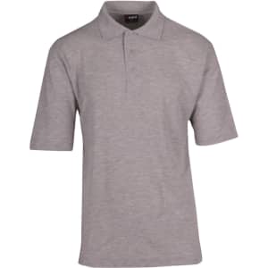 A grey men's regular pique knit polo shirt with a collar and short sleeves, featuring a logo on the chest.