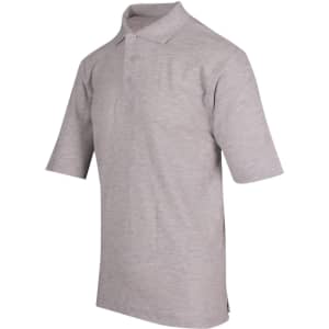 A grey men’s regular pique knit polo shirt with a collar and short sleeves, featuring a logo on the chest.