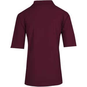 A maroon men's regular pique knit polo shirt with a collared design and short sleeves. It features a logo.