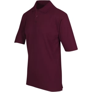 A maroon regular pique knit polo shirt with a collar and short sleeves, featuring a logo.