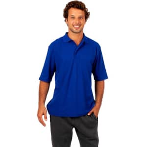 A man in a blue regular pique knit polo shirt, featuring a collar and short sleeves, with a logo on the chest.