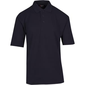A navy blue men's regular pique knit polo shirt with a collar and short sleeves, featuring a logo.