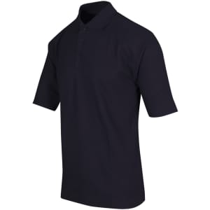 A navy blue men's regular pique knit polo shirt with a collar and short sleeves. It has a logo on the chest.