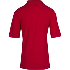 A red men's regular pique knit polo shirt featuring a back view. The shirt has short sleeves and a collar.