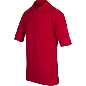 A red men's regular pique knit polo shirt with a collar and short sleeves, featuring a logo.