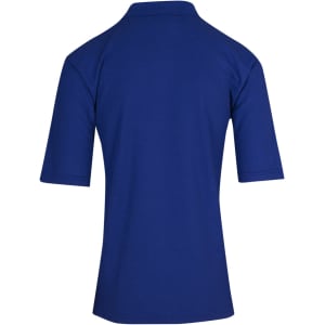 A blue men's regular pique knit polo shirt featuring a short-sleeved design and a collar, with a logo on it.