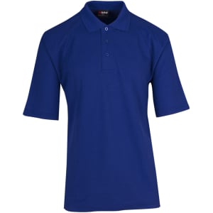 A blue men's regular pique knit polo shirt with a collar and short sleeves, featuring a small logo.