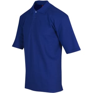 A blue men's regular pique knit polo shirt featuring a collar and short sleeves. It includes a logo.