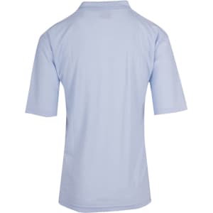 A light blue men's regular pique knit polo shirt, featuring short sleeves and a collar, with a logo on the back.