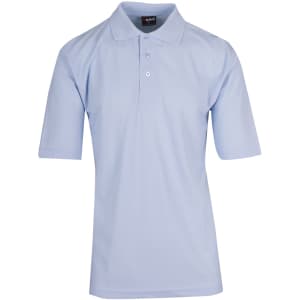 A light blue men's regular pique knit polo shirt with short sleeves and three buttons, featuring a logo on the collar.