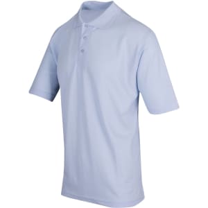 A light blue men's regular pique knit polo shirt with a collar and three buttons, featuring a logo.