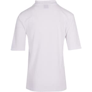 A white men's regular pique knit polo shirt featuring short sleeves and a collar, with a logo on the back.